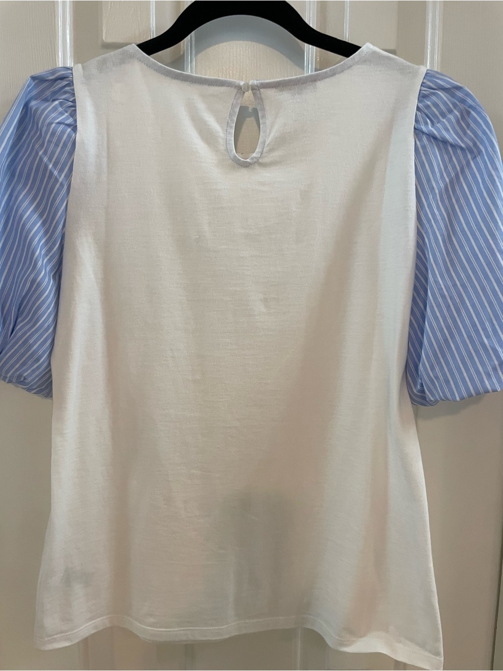 Casual White Top with Blue Stripe Puff Sleeves - Picture 3 of 6